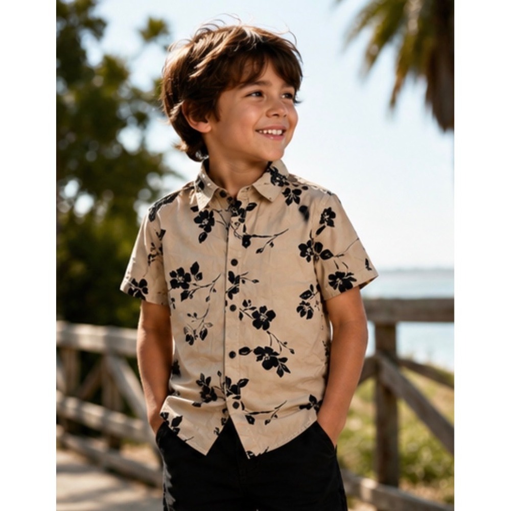 Denim & Flower Ricky Singh Boys Tan Blk Floral Short Sleeve Button Down Shirt 7
